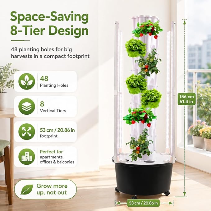 8 Tier Hydroponic Tower Garden - Indoor Vertical Gardening System 48 Holes with LED Grow Light & Self-Watering Pump, for Strawberries Lettuce Herbs, Home Grow Kit with Timer & Wheels