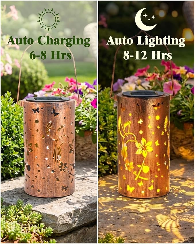 DIBIEECN 2 Pack Hummingbird Solar Lanterns Outdoor Waterproof, Patio Decor | Metal Hanging Lights, IP65 Waterproof, LED Decorative Lantern, Patio & Backyard, Birthday Gifts for Women, Mom & Grandma