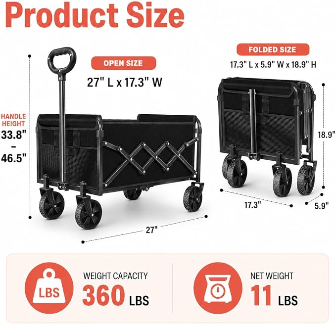 Collapsible Wagon Cart with Wheels, Compact 360 lb Folding Utility Wagon | 120L compact wagon with 360 lb support, 11 lb lightweight design, adjustable handle, 2 cup holders and all-terrain wheels