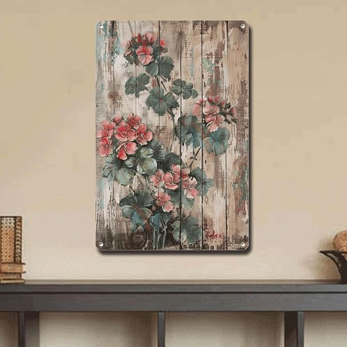 Metal Sign Tin Sign Vintage Wall Art Shabby Chic Pelargonium Tin Sign for Rustic Plant Lovers Vintage Aesthetics and Easy Installation Garden Sign for Room 8×12 Inches