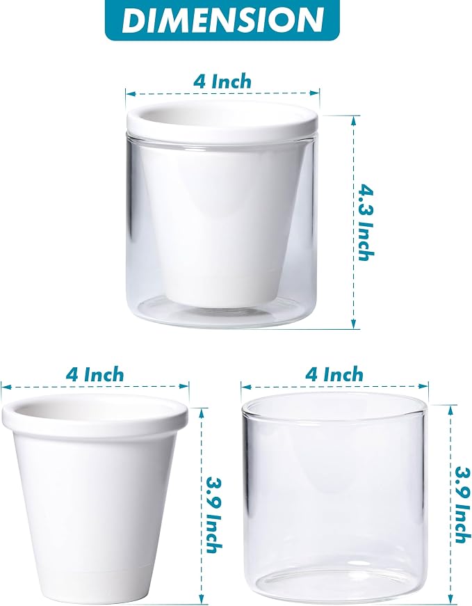 D'vine Dev 4 Inch Design Self Watering Planter for Indoor Plants, White Terracotta Pots with Cylinder Glass Cup, Set of 4, 37-Z-A-2-F