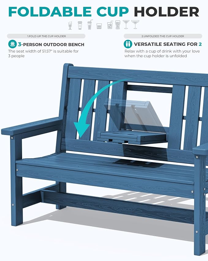 SERWALL HDPE Outdoor Bench with Cup Holder Oversized 58" Porch Bench, Navy | Suitable for 3 Person, Heavy-duty, High Backrest, Weatherproof Material Patio Benches for Garden, Park, Yard, Front Porch