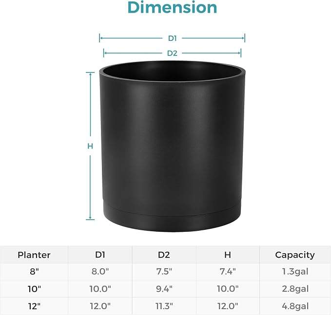 FaithLand 12-Inch Large Modern Cylinder Planter, Thick-Walled Plastic Plant Pot with Drainage Holes and Detachable Saucer, Matte Black, Ideal for Indoor & Outdoor Plants Flowers
