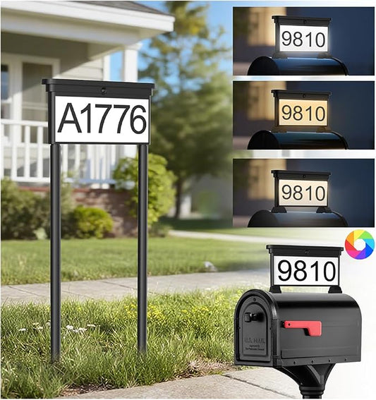 LumiZen Upgraded Solar Address Sign, House Numbers for Outside Double Side, 12-Color Modes Lighting Address Plaque Outdoor Waterproof, Illuminated LED Address Numbers with Stakes for Yard Home Mailbox