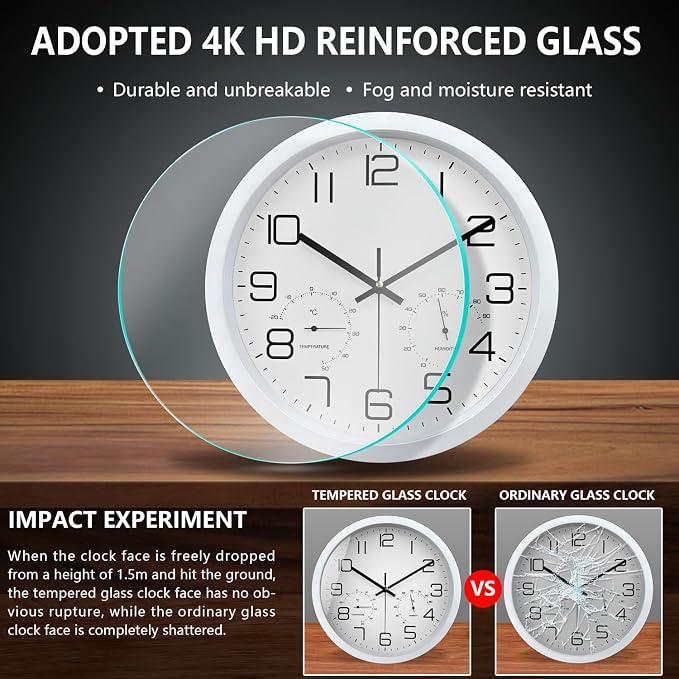 12 Inch Wall Clock with Temperature and Humidity, Wall Clocks Battery Operated, Silent Non-Ticking Large Numbers Analog Clock for Bedroom Living Room Office Kitchen Farmhouse Outdoor, White, Celsius