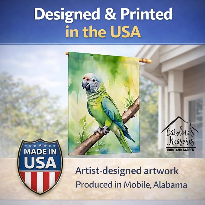 Caroline's Treasures Monk Parakeet House Flag Large Porch Sleeve Pole Decorative Outside Yard Banner Artwork Wall Hanging, Polyester, House Size, Multicolor