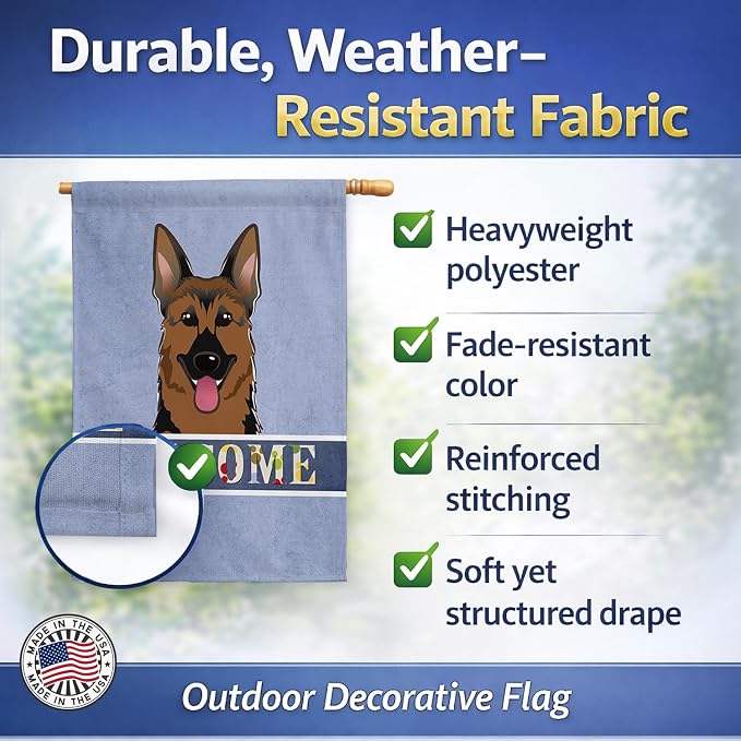 Caroline's Treasures BB1397CHF German Shepherd Welcome House Flag, Blue Large Porch Sleeve Pole Decorative Outside Yard Banner Artwork Wall Hanging, Polyester, House Size, Multicolor