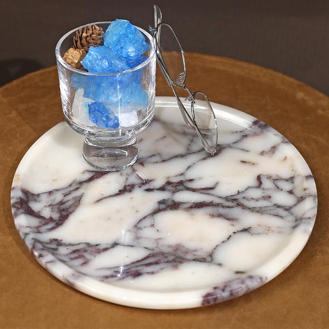 DUANYAN Natural Marble Tray, Coffee Table, Food, Fruit, Paper Cup, Cake Display, Coffee bar, Family Gatherings, Seasonal Holiday Decoration Tray(Viola-circular-9.8"x9.8"x0.7")