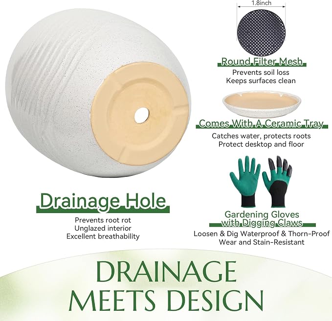9.5 Inch Flower Pots for Indoor Plants,Ceramic Planter with Saucer Drainage Leak-Proof Mesh Gardening Gloves (Water-Ripple White)