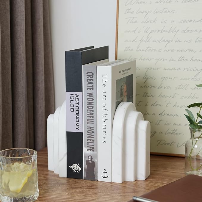 Natural Marble Book Ends - Heavy Duty Bookends for Shelves - Aesthetic Layered Arch Design Stone Book Holders, Decorative Modern Office Bookshelf Stopper Decor for Books/CDs, White
