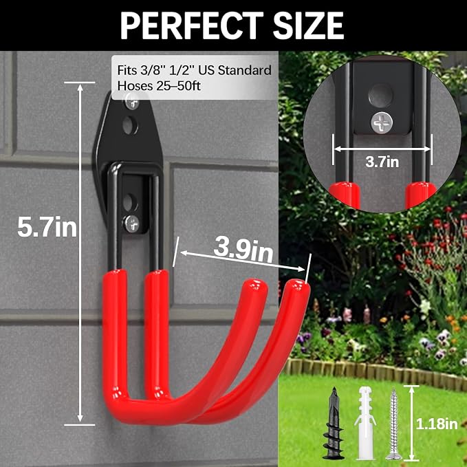 3-H Garden Hose Holder Wall Mount 2 Pack Solid Steel 3.9 Inch Compact Hose Hanger Heavy Duty Water Hose Holders for Outside,Red