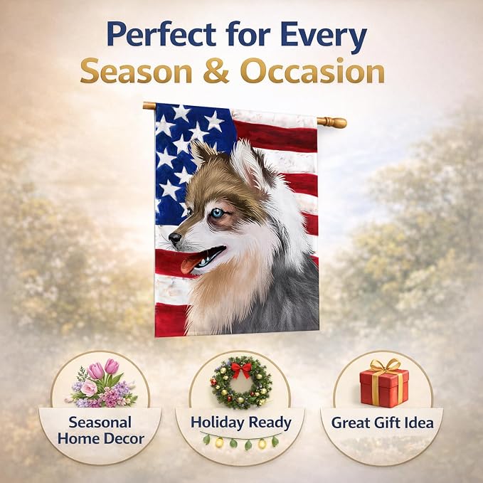 Caroline's Treasures CK6390CHF Alaskan Klee Kai American Flag House Flag Large Porch Sleeve Pole Decorative Outside Yard Banner Artwork Wall Hanging, Polyester, House Size, Multicolor