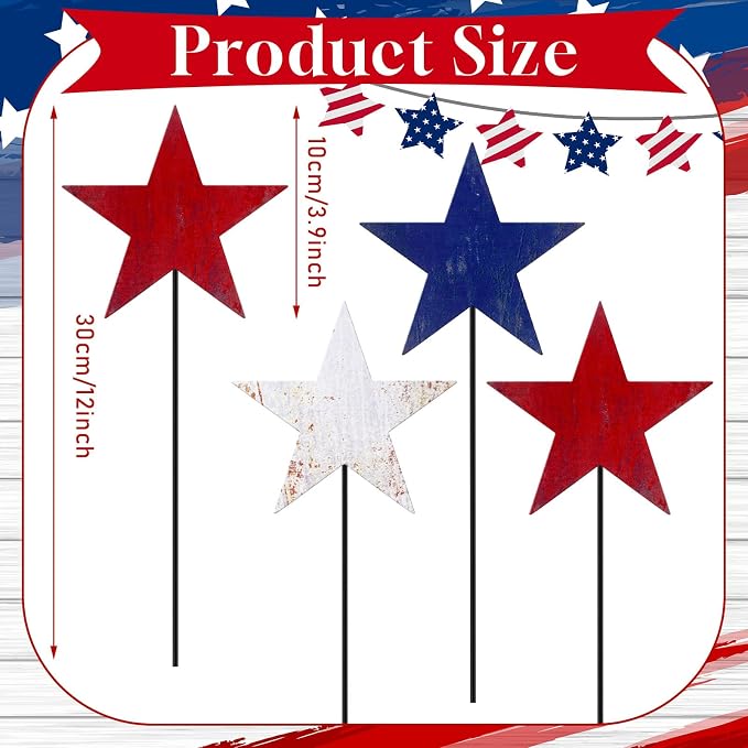 Pickmesh 6 Pcs 12" H 4th of July Outdoor Decor Vintage Patriotic Yard Decor Rustic Red Blue White Outdoor Metal Yard Sign Garden Stake Star 250th Anniversary American for Independence Day Decoration