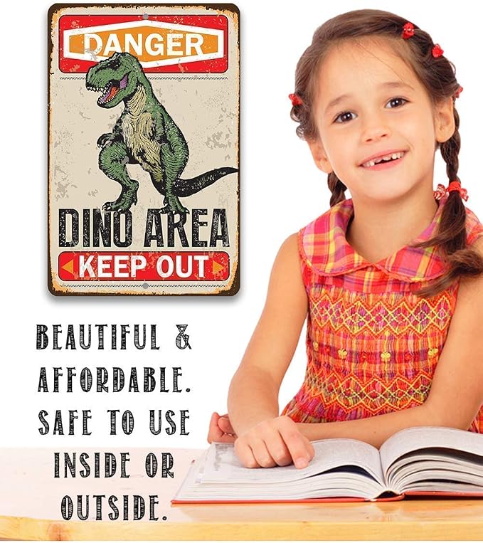 Metal Sign - Danger Dinosaur Area Keep Out - Durable Metal Sign - Use Indoor/Outdoor - Great Gift and Decor for Kid's and Play Room Under $20 (8" x 12")