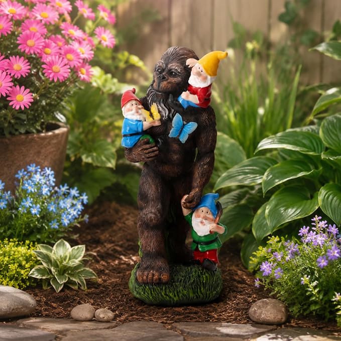 13Inch Gorilla Statue Bigfoot Holding Dwarf Sculpture with Butterfly Garden Accessories Decorative Gifts for Father's Day Bigfoot and Gnomes for Fairy Garden