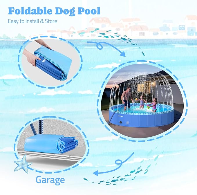 Pawtners Large Foldable Kiddie Pool with Sprinkler & RGB LED Light 79'' | Splash Pad, Wading Pool, Bathing Tub, Hard Plastic, Heavy Duty, Non-Slip, Durable, Scratch Resistant, Suitable for Backyard