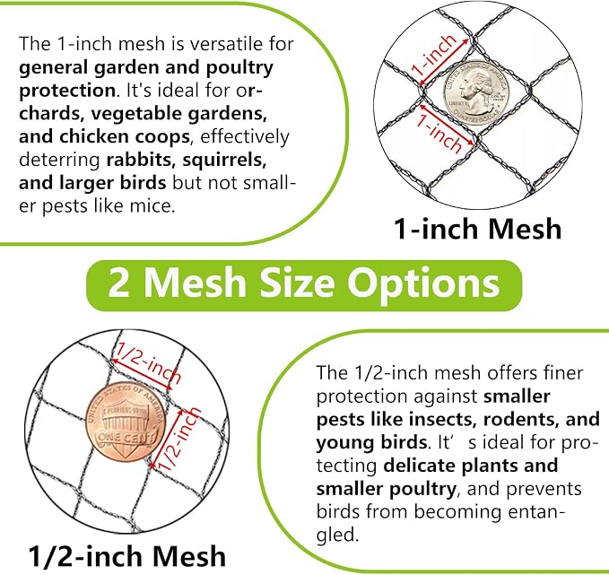 POYEE 50x50ft Bird Netting for Chicken Coop, 1 inch Mesh, Heavy Duty, Hawk Proof, Garden Protection, Fruit Tree Netting Against Squirrels Deer