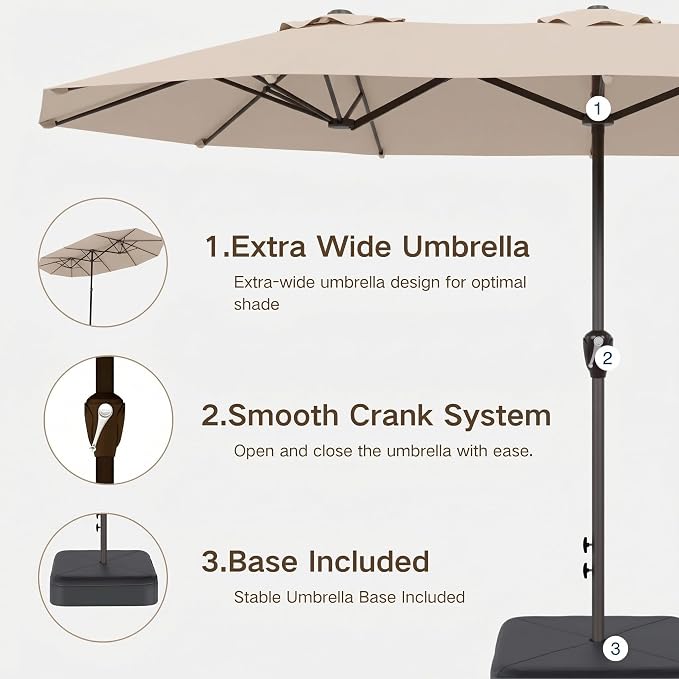 Kingdura 13ft Large Patio Umbrella with Base Included, Double-Sided Rectangle Outdoor Table Umbrella with 12 Reinforced Ribs, Crank Lift for Market Pool Deck Backyard, Beige