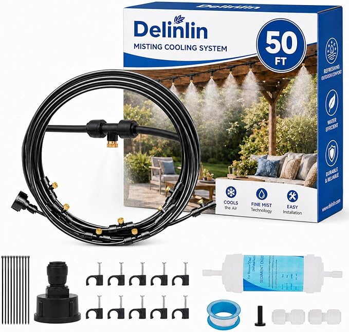 50FT Misters for Outside Patio, Outdoor Misting Cooling System with 8 Brass Nozzles & Filters, DIY Misting Kit for Backyard Garden Greenhouse Deck Umbrella Canopy Pool Porch Trampoline