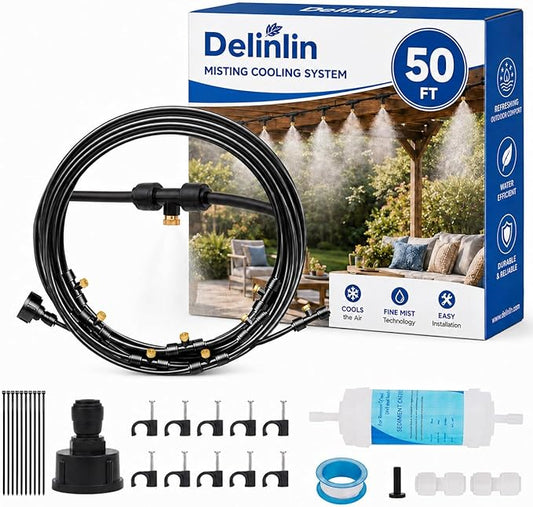 50FT Misters for Outside Patio, Outdoor Misting Cooling System with 8 Brass Nozzles & Filters, DIY Misting Kit for Backyard Garden Greenhouse Deck Umbrella Canopy Pool Porch Trampoline