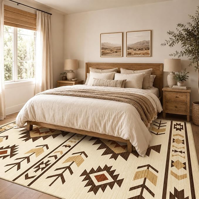 Area Rug 6x9 Western Rug Living Room Southwestern Aztec Tribal Rugs Southwest Navajo Machine Washable Non-Slip Printed Low-Pile Floor Carpet for Bedroom Dining Room Office, Camel