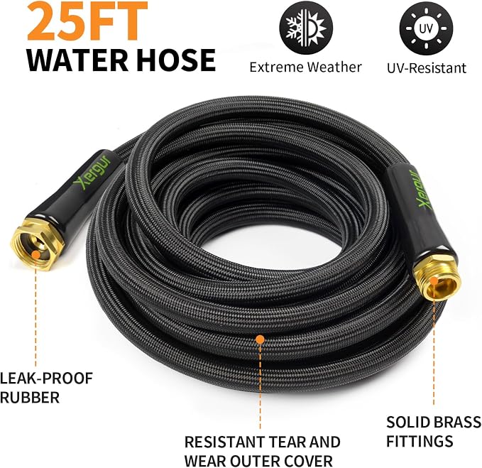 Flexible Garden Hose Water Pipe - 25FT Lightweight Garden Water Hose, Portable Patio Hose with Solid Brass Fittings and Double Latex Core for Pet Washing, Black