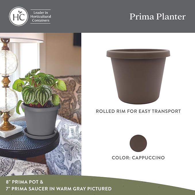 The HC Companies 6 Inch Prima Round Planter Pots with Drainage Holes and Rolled Rim, Lightweight UV-Resistant Plastic Indoor & Outdoor Planters, 4-Pack Flower Pots for Garden & Home Decor, Cappuccino