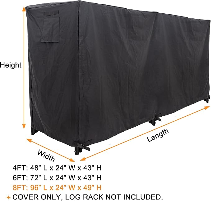 Firewood Log Rack Cover, Heavy Duty Waterproof Oxford Fabric, Outdoor Log Storage Rack Cover, 8ft Fire Wood Protection Cover for Wood Logs, Weatherproof UV Protection, Black