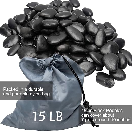 Black River Rocks - Large Polished Black Pebbles for Plants & Garden Decorative Stones, 1-2 Inch, 15 Pound