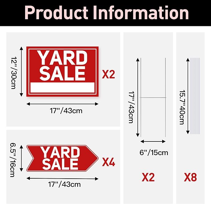 6 Pcs Yard Sale Signs with Stakes, 2-Pack Large Yard Sale Signs 17" x 12" and 4-Pack Arrow Sale Signs 17" x 6", Double-Sided Waterproof Yard Signs for Yard Sale Kit and Supplies