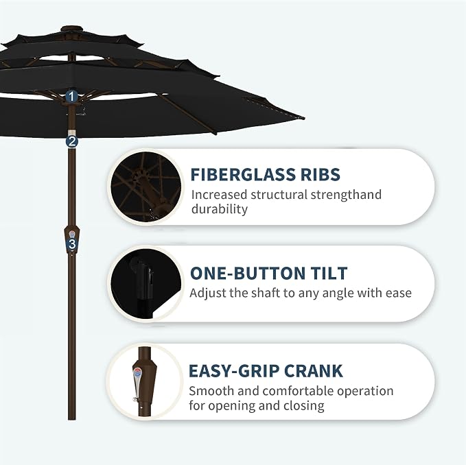 PatioKingdom 9ft 3-Tier Patio Market Umbrella with Crank/Tilt, Commercial Heavy Duty Wind Proof,Outdoor Table Umbrella with 8 Fiberglass Ribs,UPF50+ for Deck,Pool,Garden,Backyard (Black)