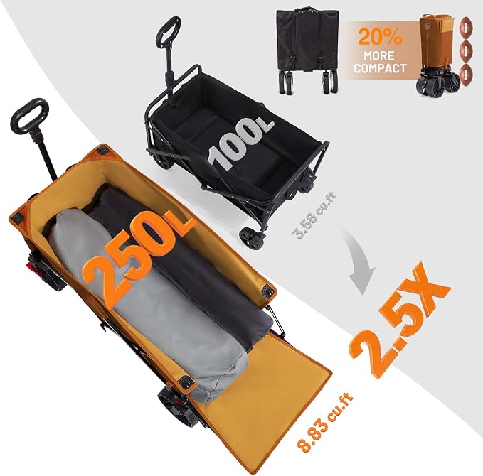 Timber Ridge 47" L Collapsible Wagon with Tailgate & Brake, 300 lbs Heavy Duty Beach Wagon with All-Terrain Big Wheels, 250L Foldable Utility Cart for Sand Camping Sports Shopping, Orange