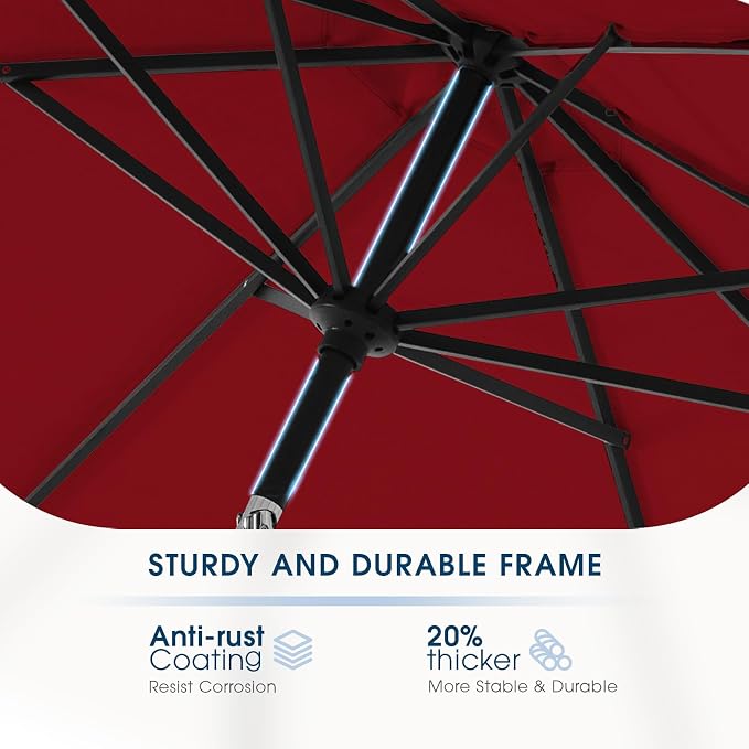 wikiwiki 9FT Patio Umbrella with Base, Outdoor Umbrellas with Base Included, 8 Sturdy Ribs, Waterproof Fade Resistant POLYESTER DTY Canopy for Deck, Lawn, Garden, Backyard & Pool, Burgundy Red