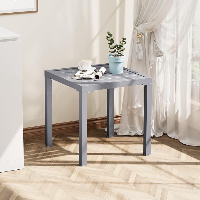 Crestlive Products Outdoor Side Table Set of 2, Small Square Metal End Table Weather Resistant Pool Side Tables for Patio Balcony（Light Gray
