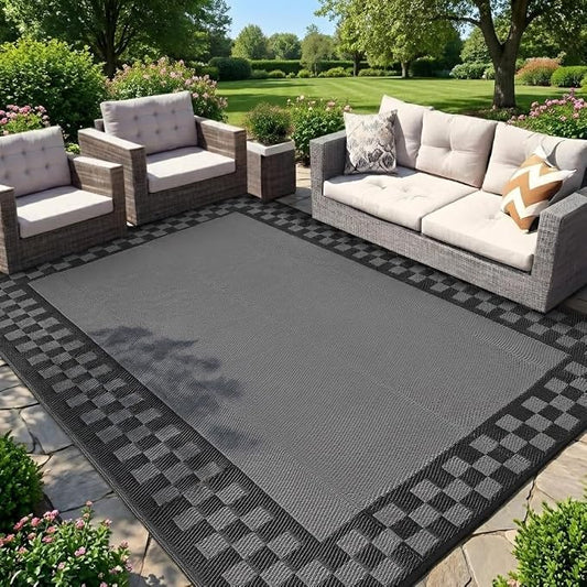 Waterproof Plastic Straw Outdoor Rug 9x18 Patio Reversible UV Resistant Foldable Camping Carpet Modern Geometric Outdoor Rugs for Deck, Picnic, Porch, Camper, Balcony, Beach，Black/Grey