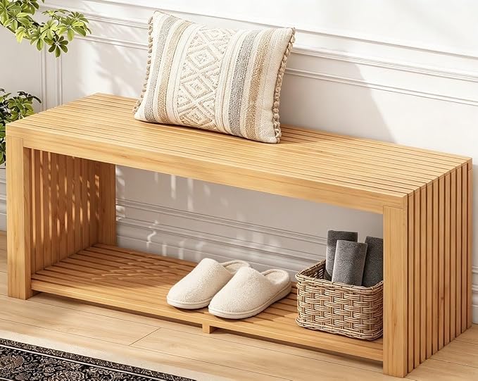 Bamboo Bench with Shelf, 35'' Entryway Bench Seat, Natural | Shoe Bench for Entryway, Hallway, Doorway, Modern Benches for End of Bed Bench, Low Bench for Window