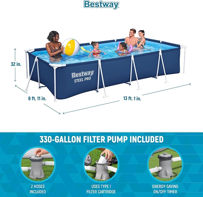 Bestway Steel Pro 13.1' x 6.8' x 32" Above Ground Swimming Pool Set w/Pump | Durable Rectangular Metal Frame Outdoor Backyard Pool, Puncture-Resistant Liner - Type I Filter Cartridge Included, Blue