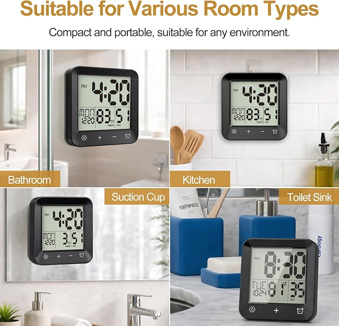 Shower Clock Waterproof, Bathroom Digital Clock with Timer, LCD Display, Touch Screen, Suction Cup, Temp, Seconds, Hanging, Hole Stand, Digital Wall Clocks Battery Operated for Kids and Adults