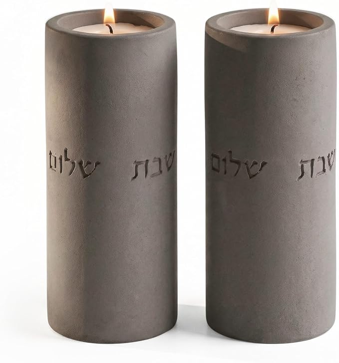 SURI Shabbat Candle Holders Set – Modern Judaica Gift for Shabbos & Jewish Holidays – Concrete Dripless Candle Holders for Tea Lights, Short & Tall – Minimalist Jewish Home Decor