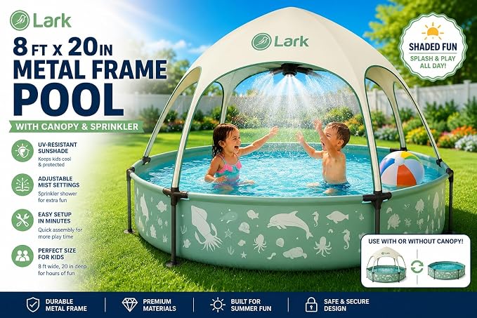 Lark 8 ft x 20 in Framed Kids Pool with UV-Resistant Canopy, Adjustable Sprinkler Mister, Framed, Shade Cover, Easy Setup Backyard Splash Pool for Children and Families