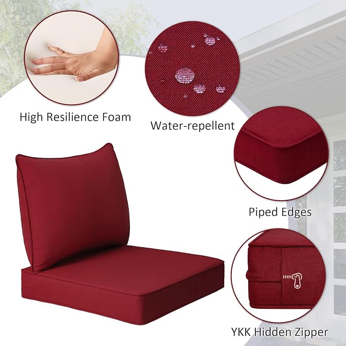 Unimatta Outdoor Patio Chair Cushions Set, 24" x 24", Set of 2, Water-Repellent, Fade Resistant, Deep Seat Bottom and Back Cushion for Backyard, Couch, Sofa and Patio Furniture, Red