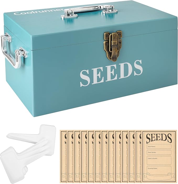 Coolrunner Wood Seed Saving Box, Seed Storage Organizer Case | Seed Packet Storage Organizer with Lock and 3 Handles, 30P Plant Labels, 30P Seeding Envelopes Bag (Blue)