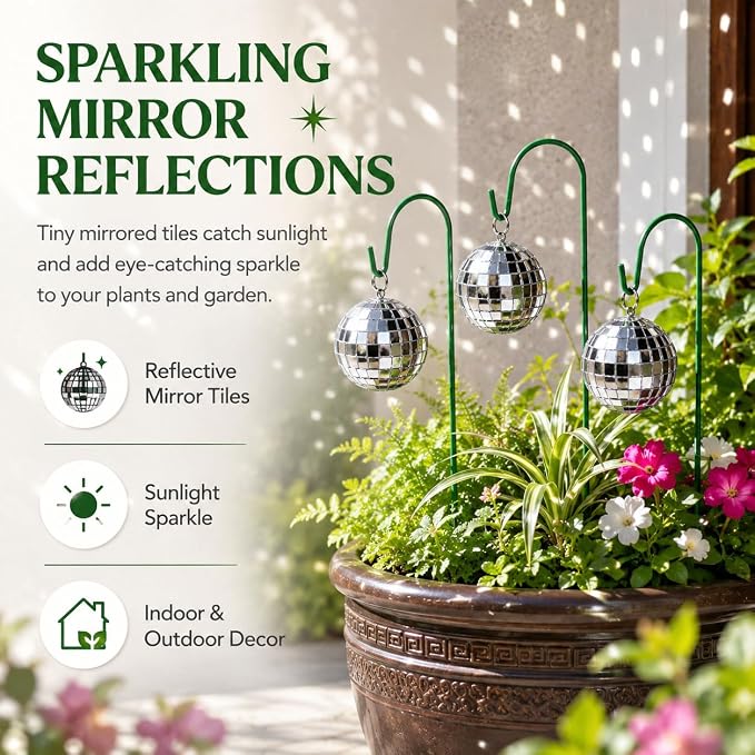 3 Pack Disco Ball Garden Stakes, Silver Mirror Ball Outdoor Plant Decor, Reflective Hanging Globe Stake Ornaments for Flower Pots Patio Lawn Yard Pathway Garden Decorations (M*3pcs)