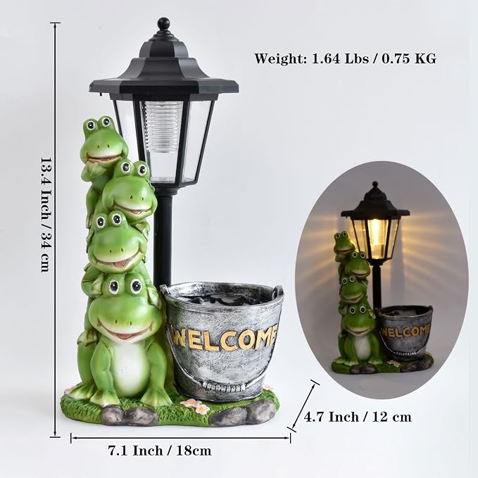 Solar Frog Statue for Outdoor, 13.4 Inch Outside Frog Family Ornaments with Lantern and Flowerpot for Garden Decor, Balcony, Patio, Yard, Lawn -Birthday Gifts for Women Grandparents