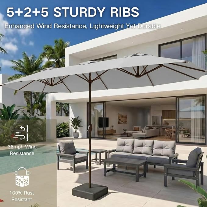 Kingdura 13ft Large Patio Umbrella with Base Included, Double-Sided Rectangle Outdoor Table Umbrella with 12 Reinforced Ribs, Crank Lift for Market Pool Deck Backyard, Light grey