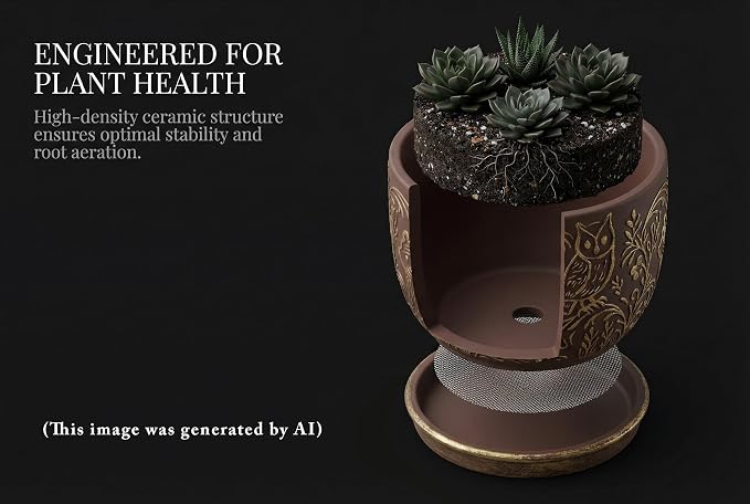 Decorative Ceramic Planter Pot with Saucer, Brown with Gold and Silver Owl Pattern, Indoor Garden Container with Drainage (G&S, 6 inch)