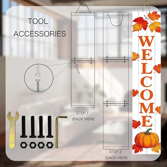 Fall Welcome Porch Sign | Vertical Wooden Welcome Sign with Pumpkin & Maple Leaves | Farmhouse Autumn Thanksgiving Harvest Decor | Front Door Indoor/Outdoor Home Decoration