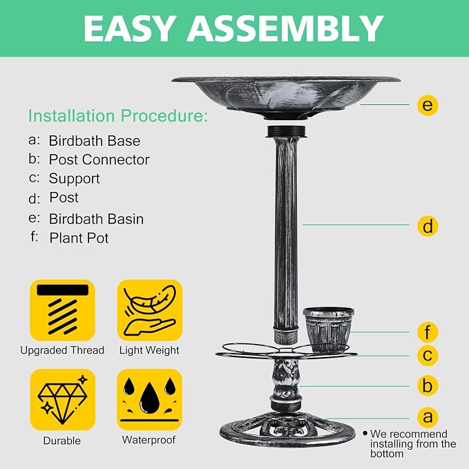Bird Bath for Outside with 4 Removable Flower Planters 28in Polyresin Lightweight Vintage Birdbath for Outdoors Stake Standing Bowl and Water Feeder Yard Garden Decor Black