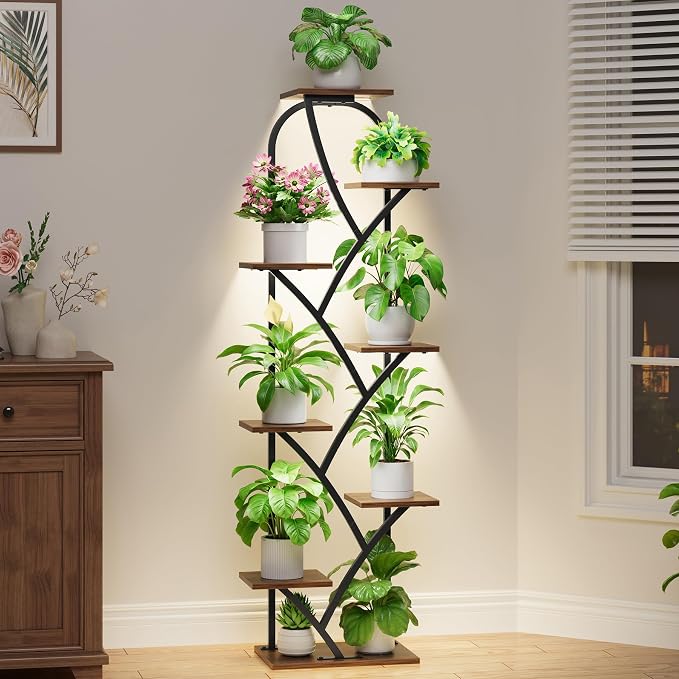 Indoor Plant Stand with Grow Lights, 8 Tiered, 59.5" Tall | Plant Shelf, Flower Holder, Heavy Duty Anti-rust Iron Pipes, Water-resistant & Anti-corrosive Wood, Auto Timer