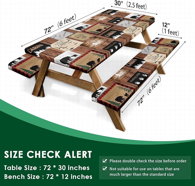 Picnic Table Cover with Bench Covers Elastic Edges, Vintage Camper Fitted Table Cover, Outdoor Patio Camping Essentials 72 Inch 3PCS, Waterproof Camping Fitted Tablecloth with Drawstring Bag